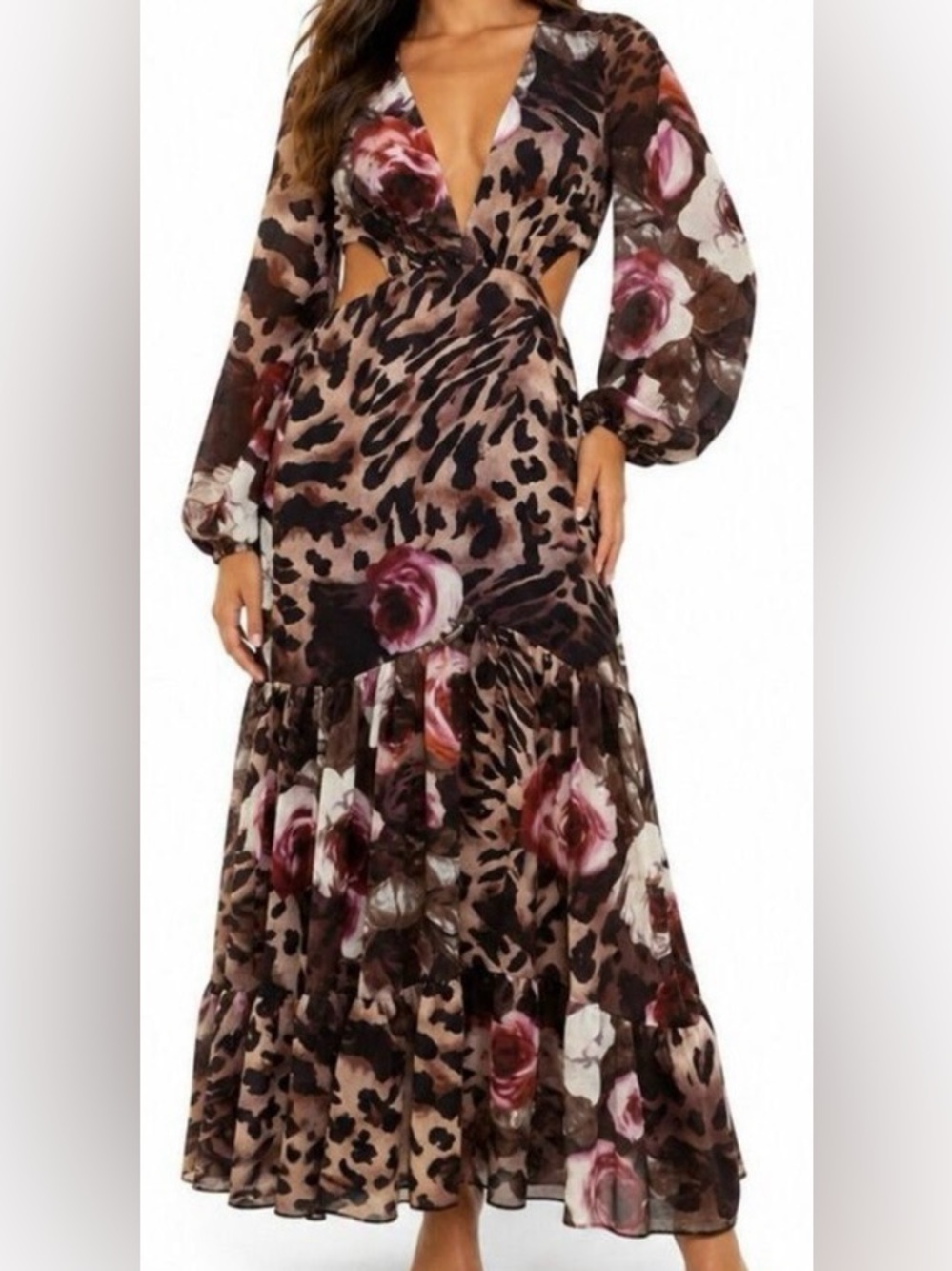Giffniseti Long Sleeve Floral Leopard Maxi Dress with Waist Cutouts
